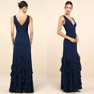 LULUS Navy Sleeveless V-Neck Ruffle Mermaid Skirt Wedding Guest Formal Gown XS